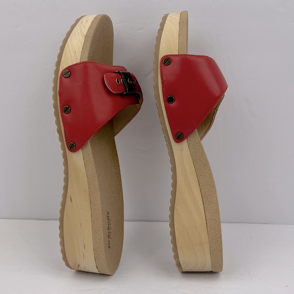 Dr Scholl’s SHOES, RED LEATHER TOP, ADJUSTABLE TOP STRAP, WOODEN SOLE, SIZE 10M - Picture 8 of 16
